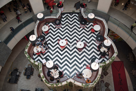 Genting, Malaysia - Jun 10, 2022: Top down view of a floating eatery at Genting Highlands, Malaysia.のeditorial素材