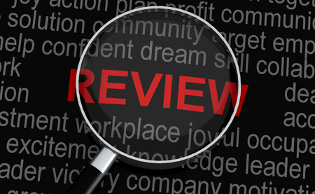 Red review word under magnifying glass, 3d renderingの写真素材