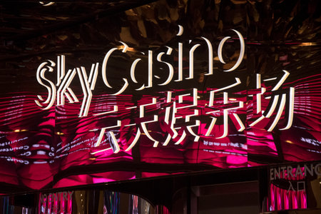Genting Highlands, Malaysia- 23 Jul, 2022: Colorful Sky Casino banner at the casino entrance located at Genting Highlands. The casino spam two level and both are equip with jackpot machines and tables.のeditorial素材