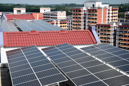 Singapore-30 Jul, 2022: Solar panel installed on top of HDB block in Singapore to harness green energyのeditorial素材