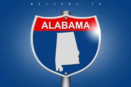 Map of Alabama on highway road sign over blue background, 3d renderingの写真素材