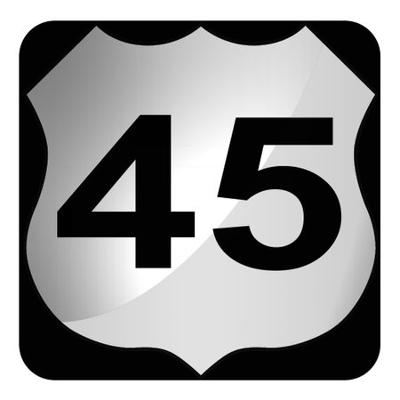 Black and white road sign with US highway 45 with a white background, 3d rendering