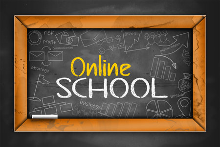 Online school written on chalkboard,, 3d renderingの写真素材