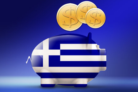 Piggy bank with Greece flag and gold coin, 3d renderingの写真素材