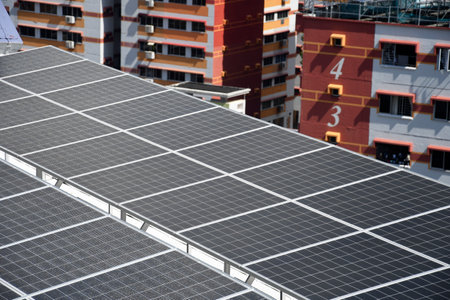 Singapore-30 Jul, 2022: Solar panel installed on top of HDB block in Singapore to harness green...