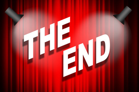 The end word on banner with red curtains, 3d renderingの写真素材