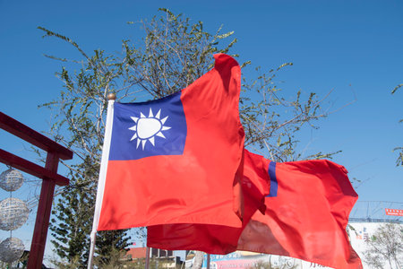 Chiayi, Taiwan- 5 Dec, 2022: Taiwan Republic of China flags blowing in windのeditorial素材