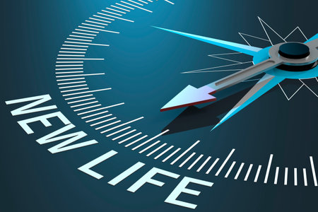 Compass needle pointing to new life word, 3D renderingの写真素材