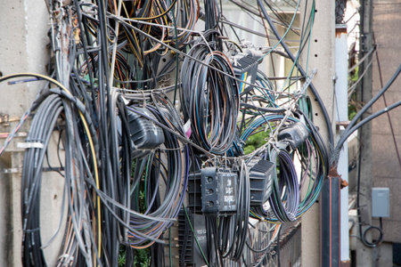 Bangkok, Thailand- 12 Feb, 2023: Chaotic intertwined mess of electricity and communication lines on pole. It is the first priority problem to solve in Bangkok.のeditorial素材