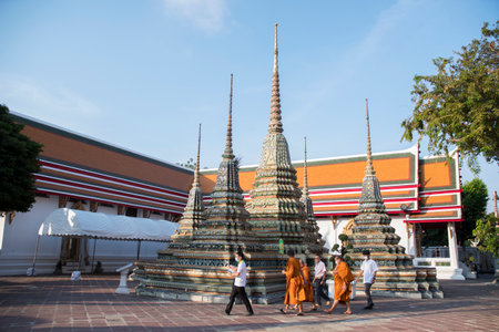 Bangkok, Thailand- 13 Feb, 2023: Beautiful chedi in the Wat Pho, Bangkok. It is one of the oldest and largest temples in Bangkok features the famous Reclining Buddhaのeditorial素材