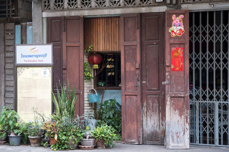 Kanchanaburi, Thailand- 16 Feb, 2023: Historical building along Pakprak Heritage Street in Kanchanaburi, Thailand.  More than 20 heritage buildings feature along the roadのeditorial素材