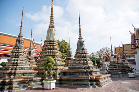 Bangkok, Thailand- 13 Feb, 2023: Beautiful chedi in the Wat Pho, Bangkok. It is one of the oldest and largest temples in Bangkok features the famous Reclining Buddhaのeditorial素材