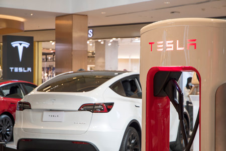 Bangkok, Thailand- 17 Feb, 2023: Tesla electric cars display on the showroom in the shopping mall, Bangkok. esla designs and manufactures electric vehiclesのeditorial素材