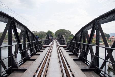 Kanchanaburi , Thailand- 16 Feb, 2023: View of River Kwai Bridge or Death railway bridge in Kanchanaburi, Thailand. It was part of the meter-gauge railway constructed by the Japanese during WW 2のeditorial素材