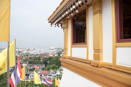 Bangkok, Thailand- 17 Feb, 2023: Golden Mount or Wat Saket during day time. It is an Ayutthaya-era shrine with a gleaming gold chedi in Bangkokのeditorial素材
