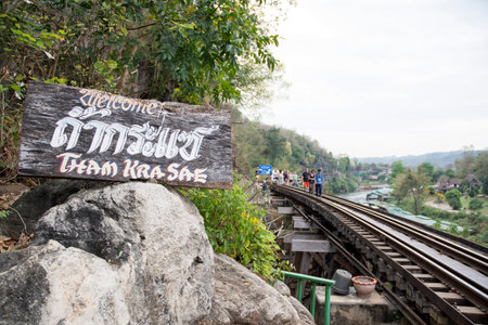 Kanchanaburi, Thailand- 16 Feb, 2023: Tham Krasae Railway Bridge over the river Kwai of Death Railway in Kanchanaburi. It was built over during World-war II of only 17 days during the spring of 1943.のeditorial素材