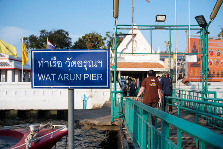 Bangkok Thailand- 14 Feb, 2023: View of Wat Arun pier on the Chao Phraya river, Bangkok. Wat Arun Pier is situated nearby to Bateau fleuve and the scenic viewpoint Sunset Viewpoint.のeditorial素材