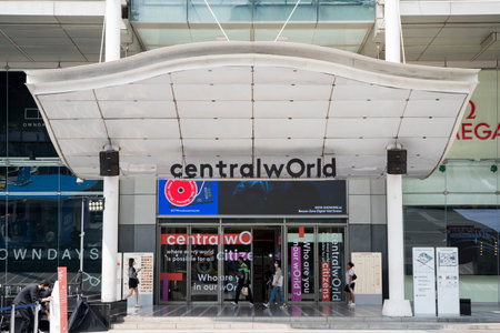 Bangkok, Thailand- 17 Feb, 2023: Entrance of Central World mall n Bangkok, Thailand. It is the ninth...