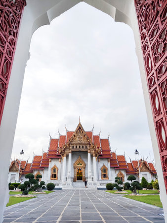View of The Marble Temple or Wat Benchamabophit Dusitvanaram in Bangkok. It is a Buddhist temple and now a major tourist attractionの写真素材