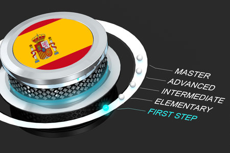 Learn Spanish concept with turning to first step level, 3d renderingの写真素材