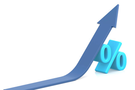 Blue arrow with percentage sign, 3d renderingの写真素材