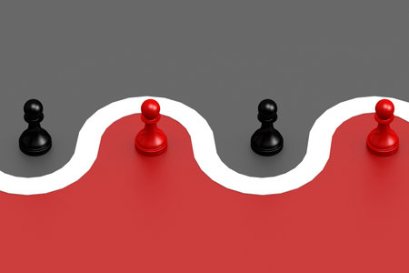 Red and black chess pawn separated in two , 3d renderingの写真素材