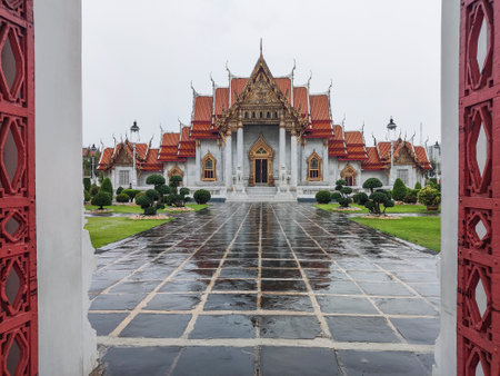 View of The Marble Temple or Wat Benchamabophit Dusitvanaram in Bangkok. It is a Buddhist temple and now a major tourist attractionの写真素材