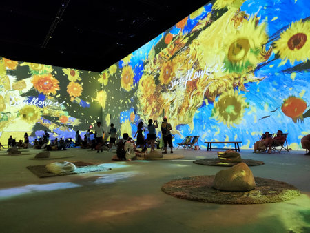 Singapore - 19 May 2023: Large colorful projected display of Van Gogh arts on the wall in the Van Gogh Immersive Experience Exhibition. It  is a digital art exhibit of the Dutch genius, Vincent van Gogh.のeditorial素材