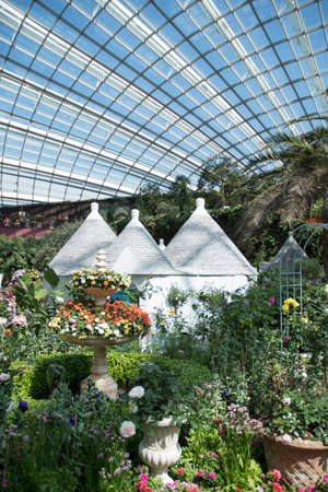 Singapore- 16-Jun, 2023: Inside view of the Flower Dome at Gardens by the Bay, Singapore. It is a collection of different plants and trees under glass domeのeditorial素材