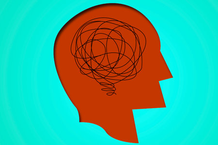 Human profile with messy line in head, 3d renderingの写真素材