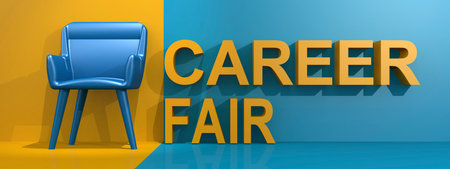 Blue chair with career fair word, 3d renderingの写真素材
