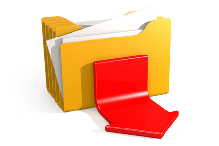 Download concept with red arrow and yellow folders, 3d renderingの写真素材