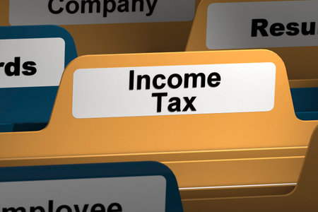 Income tax word on yellow folder, 3d rendering
