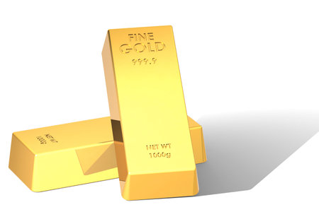 Two gold bars as white background, 3d renderingの写真素材