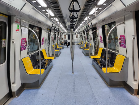 Singapore- 15 Sep, 2023: Interior view of Singapore Mass Rapid Transit train. Today, more than 140 stations across six MRT lines span the islandのeditorial素材