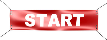 Start word on red banner, 3d renderingの写真素材