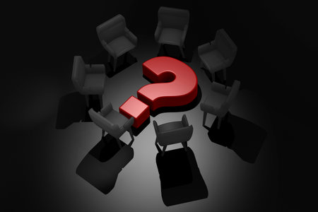Red question mark sign with chairs, 3d renderingの写真素材