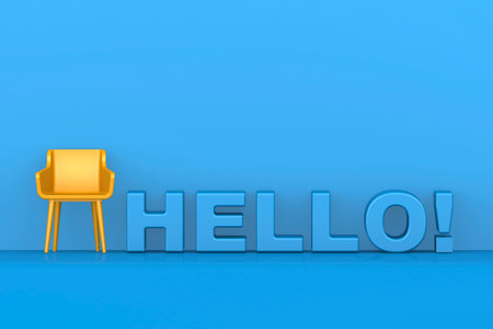 Hello word with yellow chair, 3d renderingの写真素材
