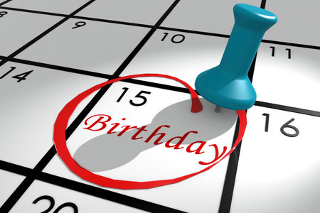 Birthday word marked on calendar with push pin, 3d renderingの写真素材
