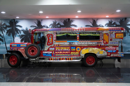 Manila, Philippines-12 Oct 2023: A Jeepney for display in Manila Airport (NAIA). Jeepneys are buses...