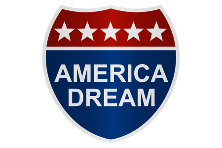 Red and blue road sign with America dream word , 3d renderingの写真素材