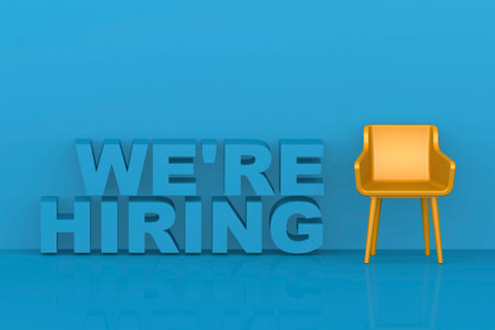 Job opening concept with wre are hiring word and chair, 3d renderingの写真素材