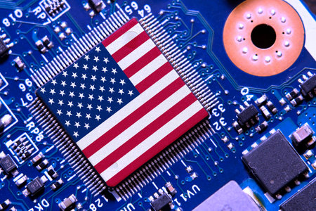 Flag of USA on a processor, CPU Central processing Unit or GPU microchip on a motherboard. Semiconductor industryの写真素材
