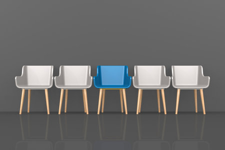 Blue chair stand out of row of chair, 3d renderingの写真素材