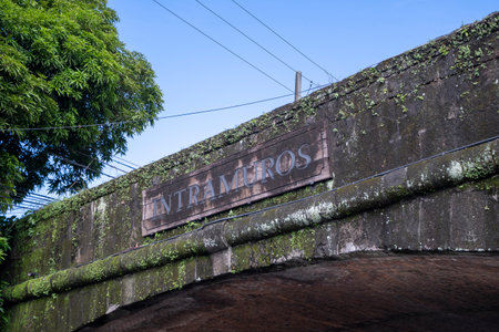 Manila, Philippines- 14 Oct, 2023: Intramuros arch passage signage in Manila, Philippines. Intramuros is the 0.67-square-kilometer historic walled area within the city of Manilaのeditorial素材