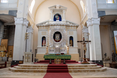 Angeles City, Philippines- 20 Oct 2023: Interior view of Holy Rosary Parish Church in Angeles City, Philippines. It  is the oldest church in Angeles City with amazing design structure.のeditorial素材