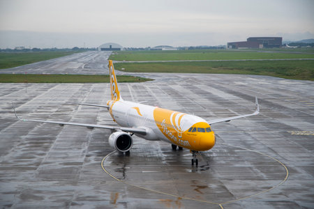 Clark, Philippines- 21 Oct 2023: Scoot airplane arrives in Clark International Airport in Clark, Philippines. The airport is less than 100 km north-west of Manilaのeditorial素材