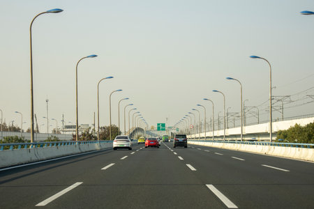Shanghai, China- 27 Nov, 2023: View of expressway in Shanghai during daytime. Shanghai has an extensive grade-separated highway and expressway networkのeditorial素材
