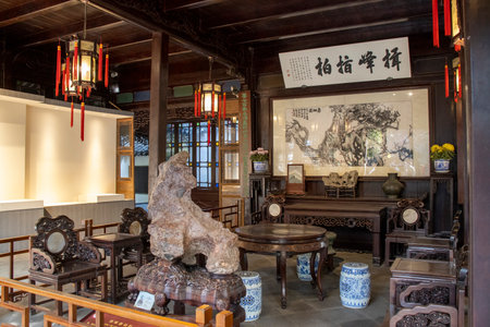 Suzhou, China- 7 Dec, 2023: Interior ofl old architecture inside the Lion Grove Garden in Suzhou, China. It is recognized with other classical Suzhou gardens as a UNESCO World Heritage Site.のeditorial素材