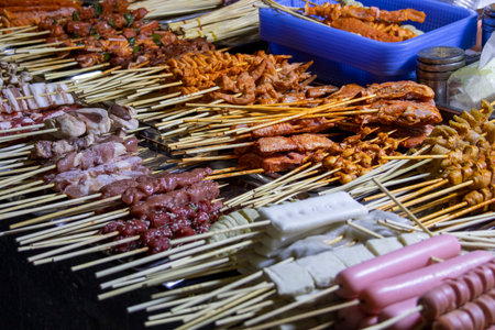 Skewer street foods sold in the streetの写真素材
